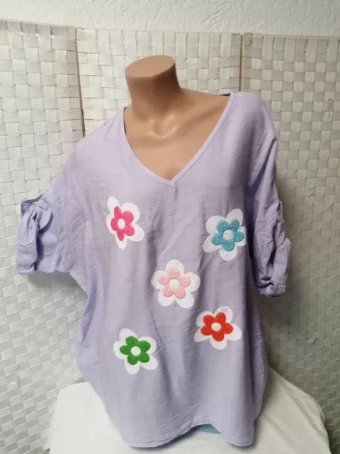 italy Bluse Shirt ca 44 46 48 Onesize flieder Neu BLUMEN Frühling Sommer