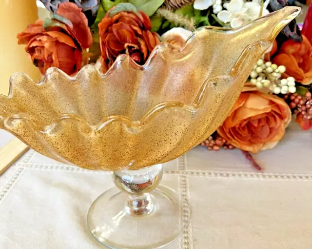 Arte Italica Art Glass Gold Overshot Center Piece Scallop Shell Compote 1980 16"