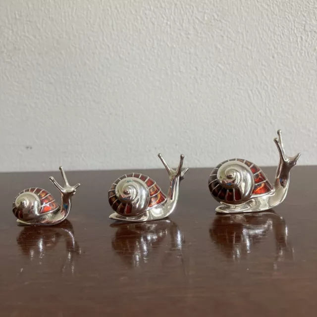 Saturno Sterling Silver & Enamel 3 x Snails Figurines, Hallmarked