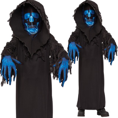 Childs Teschio Fantasma Costume Halloween GID Tristo Mietitore Ghoul Kids 