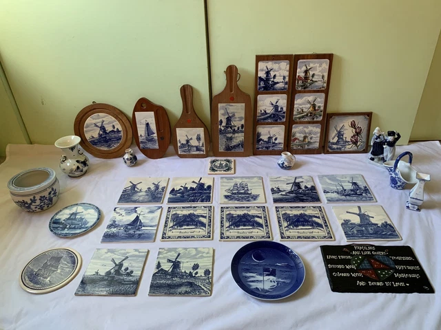 31 Antique Dutch Delft Style 6” X 6” Tiles, Figurines, Plates, Etc Blue & White