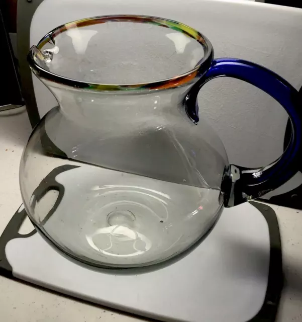 MEXICAN HANDBLOWN GLASS Pitcher Cobalt Blue Handle And “confetti” Rim