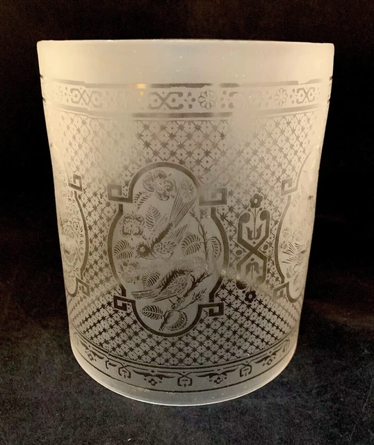 Antique Oil Gas Hanging Cylinder Lamp Etched Glass Shade Floral / Birds 8 1/4"