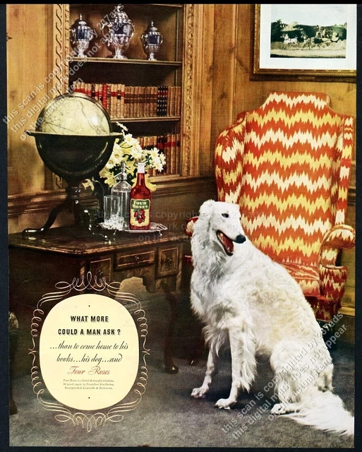 1938 Borzoi white dog photo Four Roses Whiskey vintage print ad