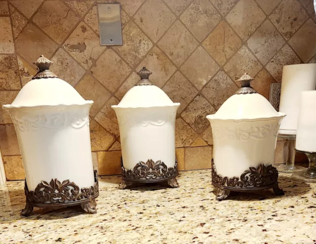 Chris Madden JC Penny Corvella Stoneware Tuscan Ivory Canister Set-- (Retired)