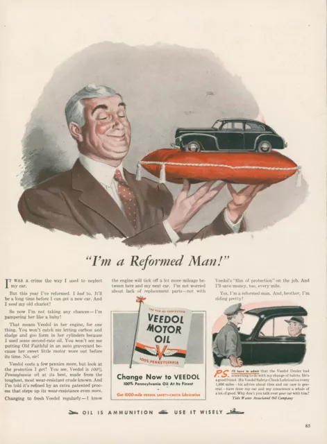 1942 Veedol Motor Oil Car Model On Pillow Pamper PA Smiling Man Vtg Print Ad L24