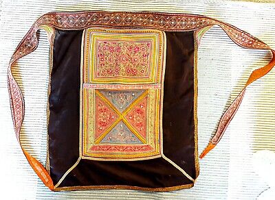 Vintage Folk Art embroidered with silver beads silk apron.