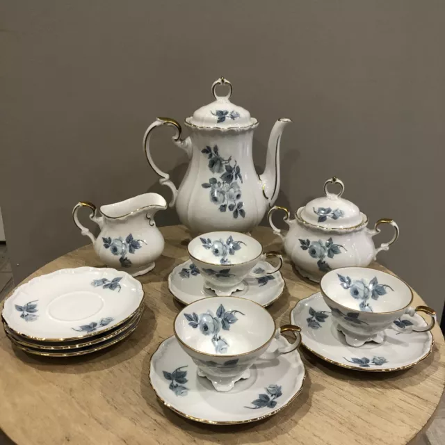 Service à Café Ou Thé En Porcelaine Blanche Et Bleue Edelstein Bavaria Vintage