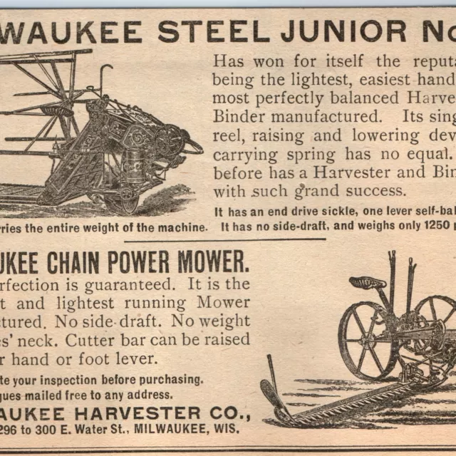 1890 Milwaukee, Wis. Harvester Binder Mower Print Ad Engraved Farm Implement C37