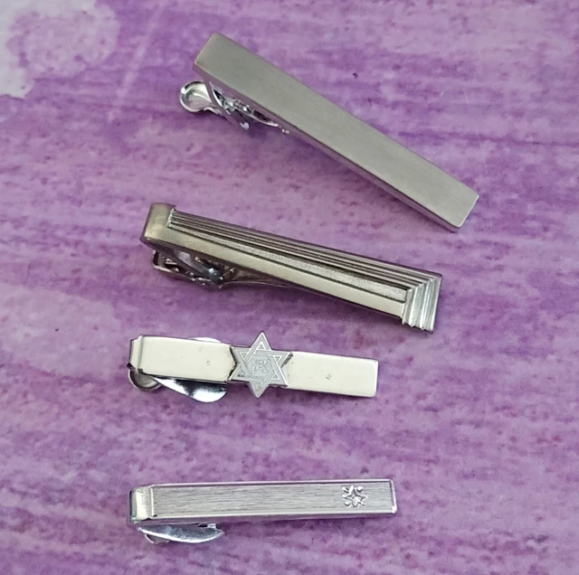 Lot of 4 Tie Bars Clips Clasps Collar Silver Tone Textured 6 Sided Star Vintage