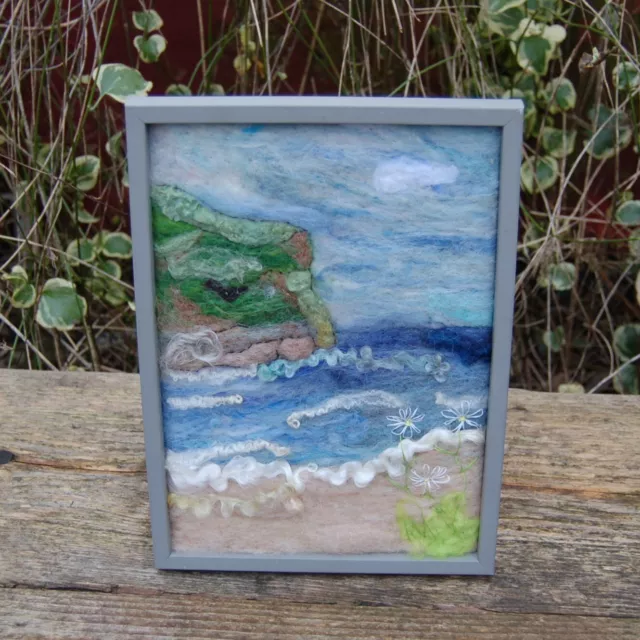 Framed Needle Felted Picture with hand stitched daisies - Across the Bay