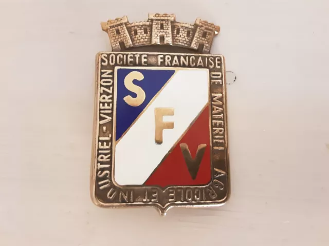 Rare ancien emblème neuf de capot SFV en bronze émaillé, tracteur SFV
