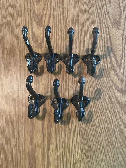 Lot of 7 Antique Cast Iron Double Acorn Tip Schoolhouse Coat / Hat Hooks