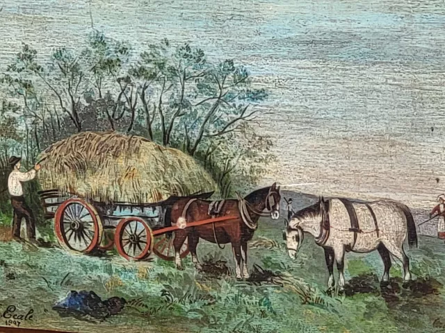 Tableau ancien signée L.ECALE 1897  La Moisson.  Peinture huile sur panneau bois