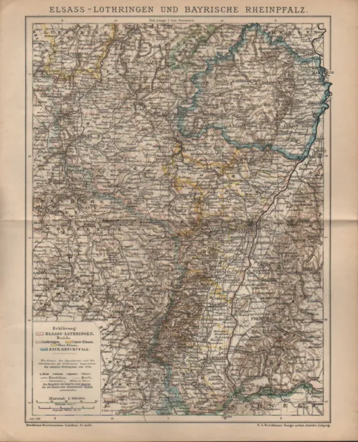 Landkarte map 1899: ELSASS-LOTHRINGEN UND BAYRISCHE RHEINPFALZ. Deutschland
