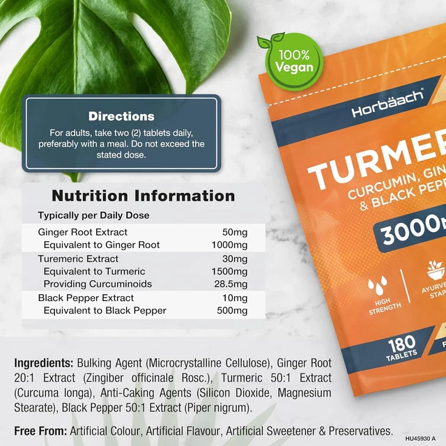 TURMERIC TABLETS 3000MG with Black Pepper, Ginger & Curcumin Supplement