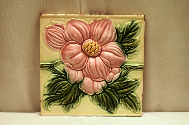 Ancien Carreau Art Nouveau Majolique Dk Japon Céramique Floral Gravé Feuille "