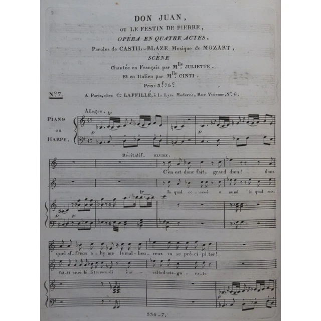MOZART W. A. Don Juan No 7 Scène Chant Piano ou Harpe ca1800