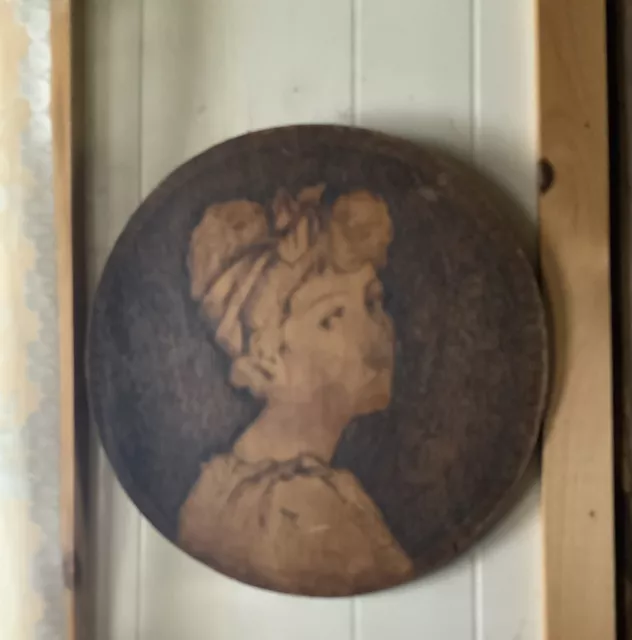 Old Wood Wooden Carved Round Portrait Of Victorian Lady Pyrography Art Carving 2