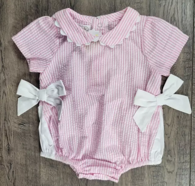 Baby Girl New Mud Pie 3-6 Month Pink Pin Striped Bow Romper Outfit