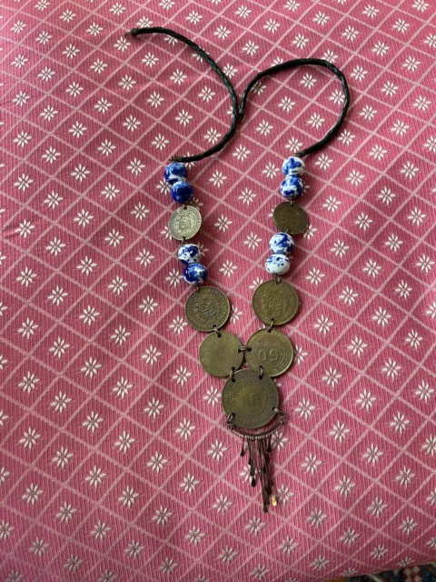 Vintage Peruvian Sol Coin Vicuna Necklace Blue Ceramic Beads Black Leather Cord