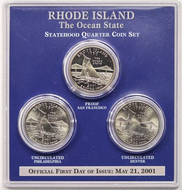 2001-PDS Rhode Island Statehood Quarter 3 Coin Set Uncirculated Proof
