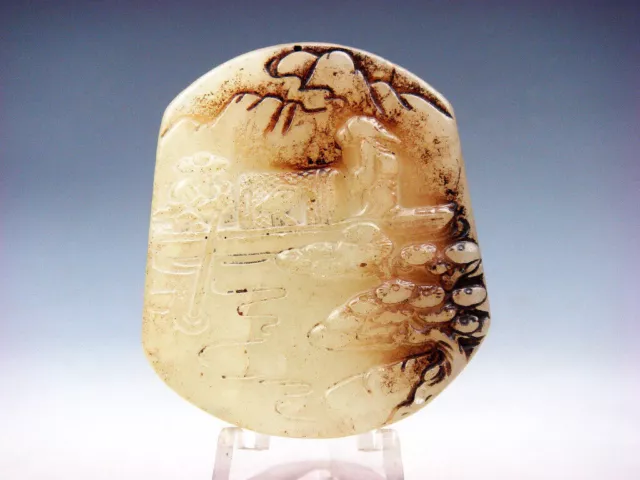Old Nephrite Jade Stone Carved Pendant Ancient Boat Riders & Scenery #09102306
