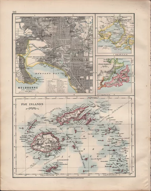 1914 Map ~ Melbourne City Plan Environs Fiji Islands Otago Harbour Port Philip