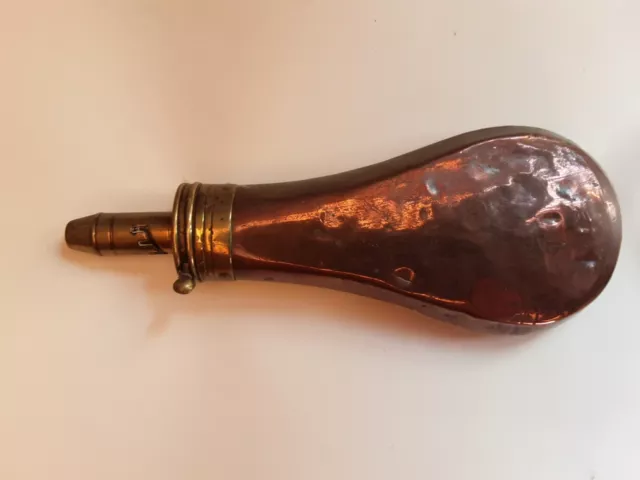 Antique Copper Powder Flask, Stamped Sykes nozzle flange, 4 Settings