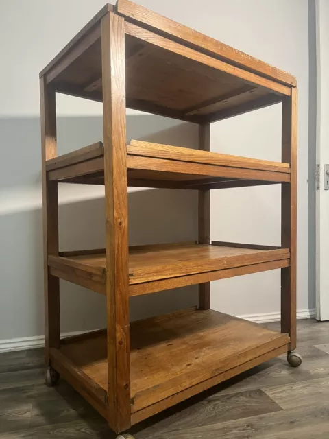 Vintage Large Solid Oak Shop Display Bookcase Shelving Trolley Mid Century