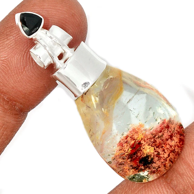 13g Treated Red Ghost Phantom Lodolite & Black Onyx 925 Silver Pendant CP23708