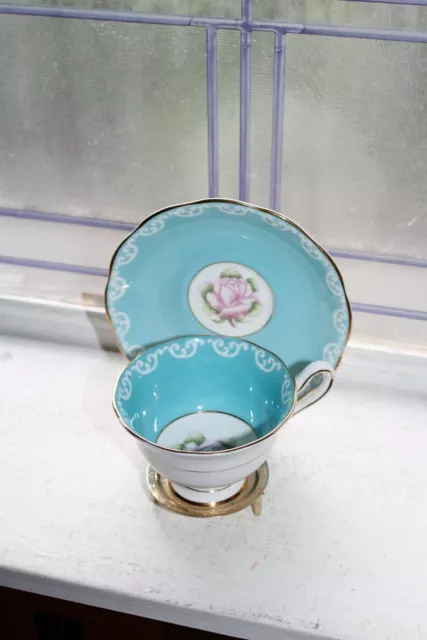 Vintage Royal Albert Tea Cup and Saucer Turquoise Blue with Pink Roses