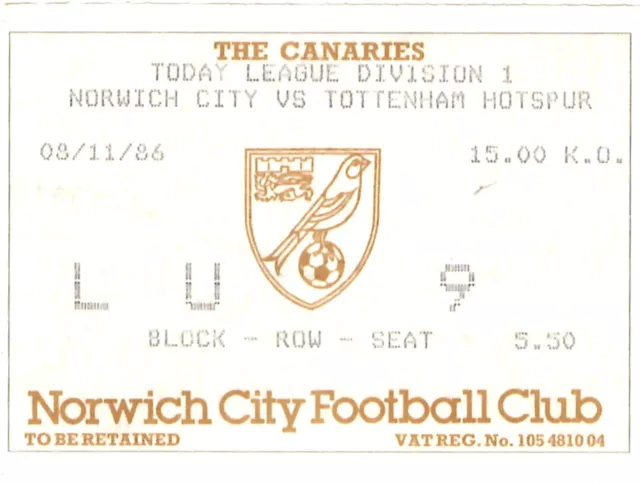 TICKET STUB - NORWICH CITY v TOTTENHAM - 08/11/1986