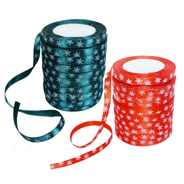 Satinbandset Schneeflocken rot grün 10mm 1cm 22m Geschenkband Weihnachten Deko