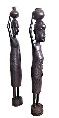 Vtg Ebony African Carved Wood Statue Hand Vintage Tribal Statues Woman Figurine