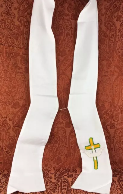 Catholic Priest Stole White Gold Hand Embroidered 50” PRISTINE