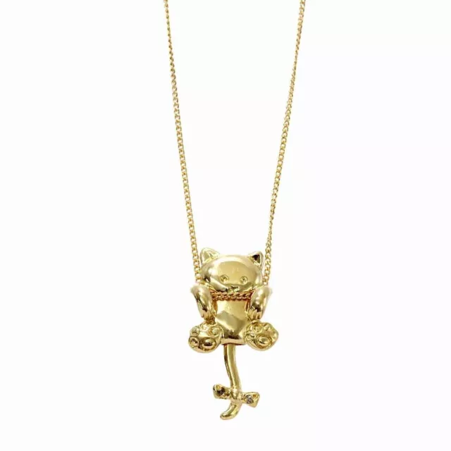 18K Yellow Gold 0.01 ct Diamond Dangling Kitty Cat Motif Statement Necklace