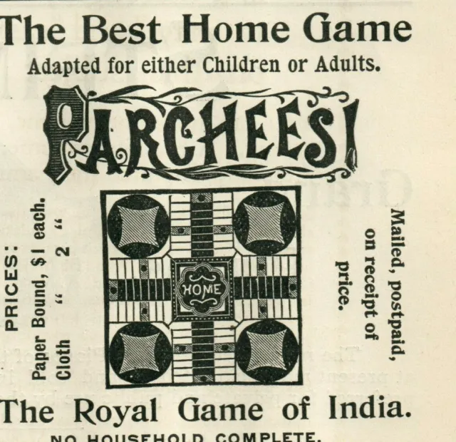 1895 Antique PARCHEESI Parlor Table Board Royal Game of India Print Ad 4878