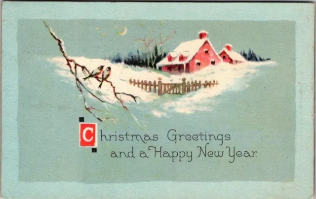 Christmas Greetings, Snowy Cottage, Birds, Red Cross Seal on back 1923 Postcard