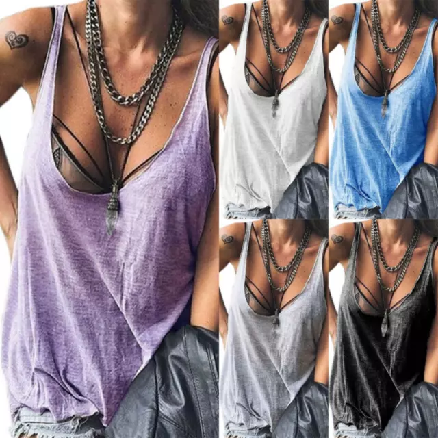 Women Low Cut Ladies Casual Vest Tank Top Loose Solid Sleeveless T Shirt Blouse