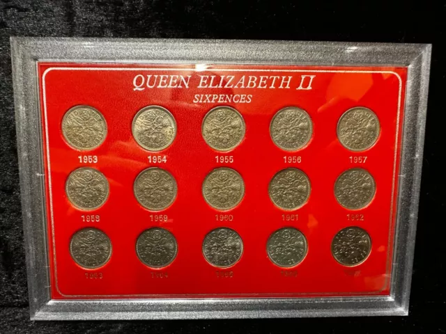 Great Britain, QEII Sixpence Set 1953-1967 in Sandhill Style Case, BC286
