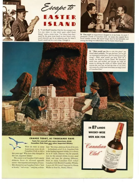 1941 Canadian Club Whiskey Easter Island Moai Stone Heads Statues Vintage  Ad