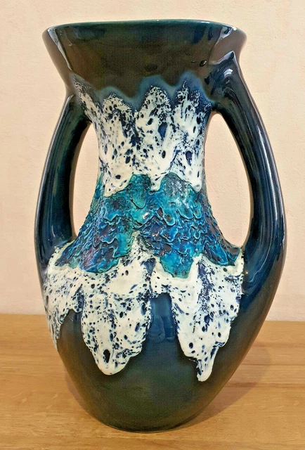 Vase Ancien En Porcelaine - Décor Dégradé Bleu, Blanc, Noir - Intérieur Bleu - Vintage - Occasion