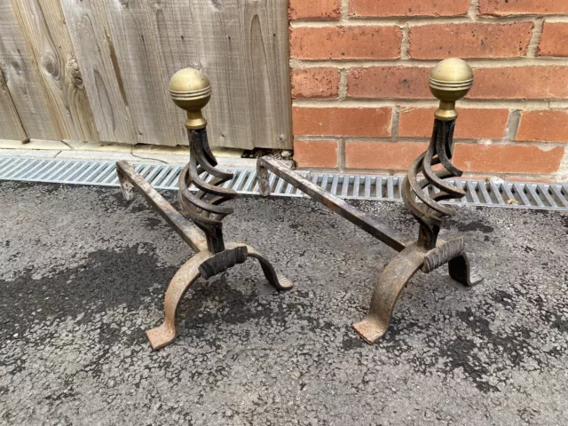 Fire Dogs Vintage A Pair Of Wrought Iron & Brass Andirons