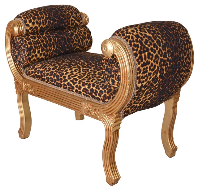 Voluten Sofa Leopard Bench Ottoman Gold Baroque Chaise Longue Louis XV Stool