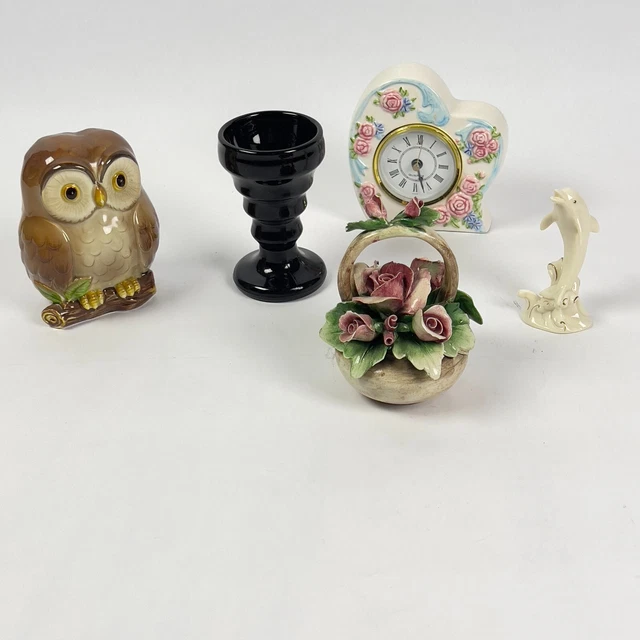Collectible Figurines Lot of 5 Lenox Dolphin,Owl, Clock, Cup Holder and Flowers