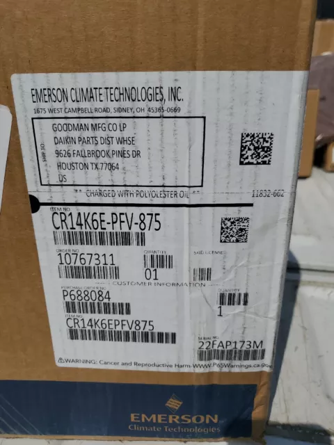 Copeland CR14K6E-PFV-875 Hermetic Compressor, 1.5 ton, 208 - 230 VAC,