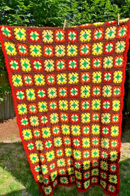 Vintage Retro 70s Handmade Crochet Granny Square Afghan Blanket 66 x 45