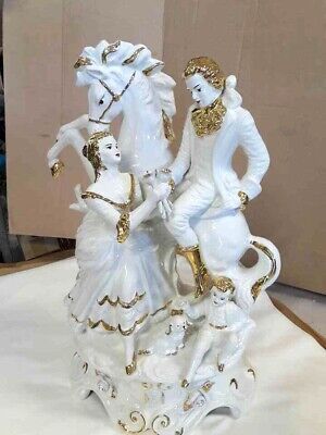 Statue Man Lady Horse Prancing Porcelain Capodimonte White Gold 40x62 CM