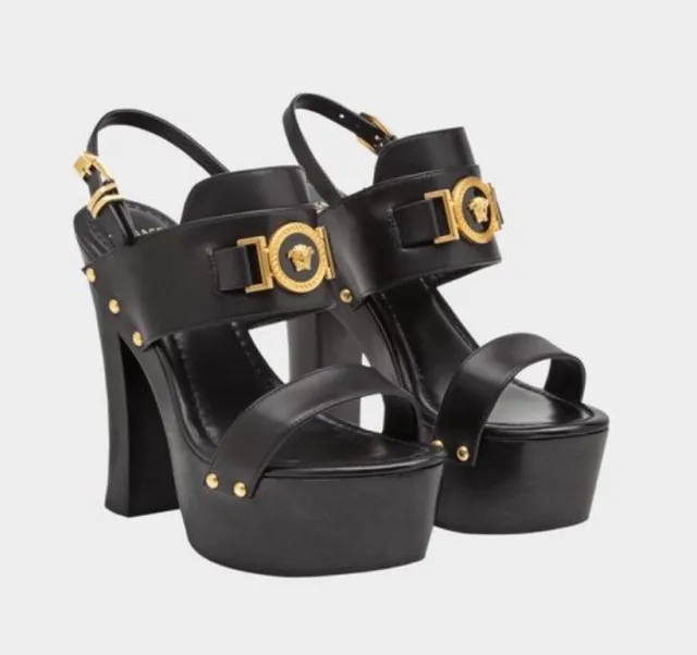Versace Platform Sandals - Gold Studded Black Leather (Size 39)